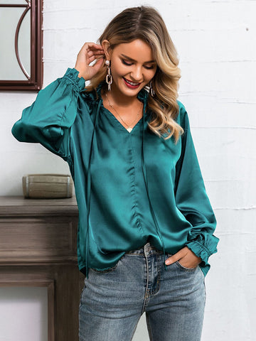 Glamaker Frilled Neckline Raglan Sleeve Satin Top