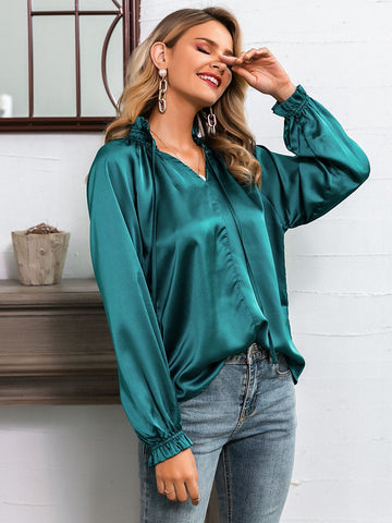 Glamaker Frilled Neckline Raglan Sleeve Satin Top