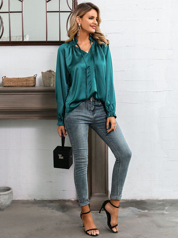Glamaker Frilled Neckline Raglan Sleeve Satin Top