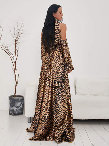 Missord Leopard Split Thigh Cold Shoulder Maxi Dress