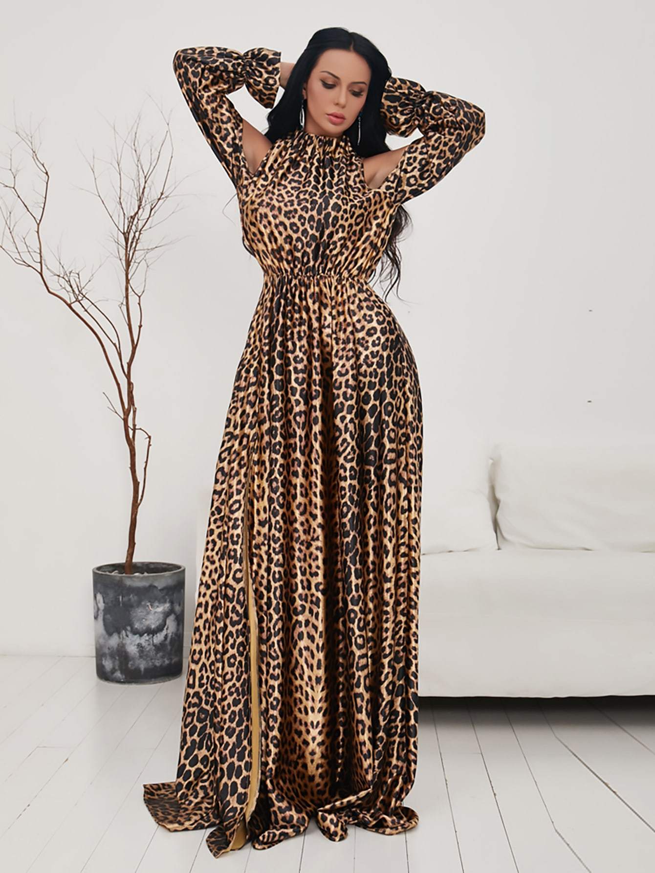 Missord Leopard Split Thigh Cold Shoulder Maxi Dress