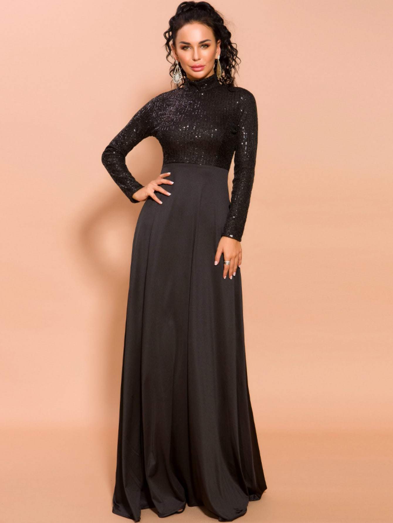Missord Mock-neck Sequin Fit & Flare Prom Dress