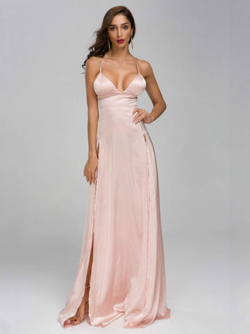 Missord Split Thigh Floor Length Satin Cami Prom Dress