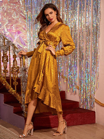 Satin Wrap V-neck Ruffle Belted Leopard Dress