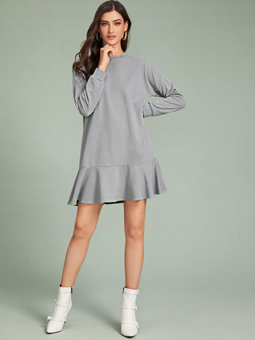 Solid Ruffle Hem Sweatshirt Dress