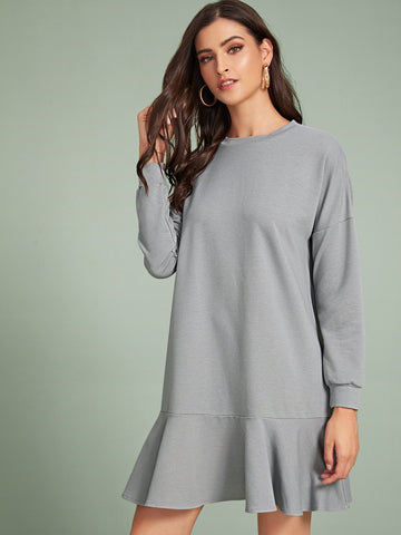 Solid Ruffle Hem Sweatshirt Dress