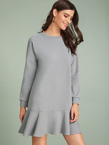 Solid Ruffle Hem Sweatshirt Dress