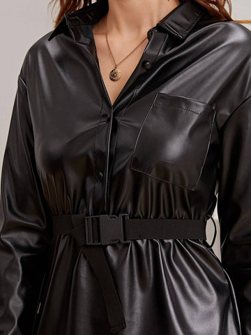 Pocket Patched Buckle Belted PU Shirt Dress