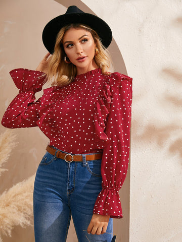 Flounce Sleeve Zip Back Lettuce Frill Trim Blouse