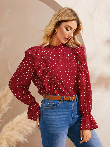 Flounce Sleeve Zip Back Lettuce Frill Trim Blouse