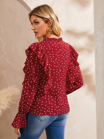 Flounce Sleeve Zip Back Lettuce Frill Trim Blouse