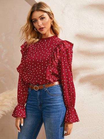 Flounce Sleeve Zip Back Lettuce Frill Trim Blouse