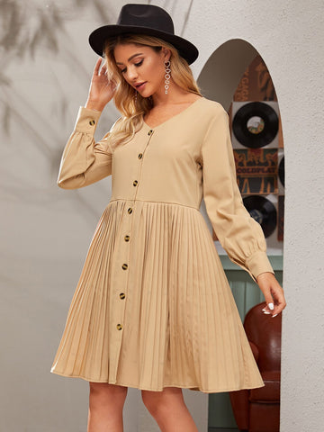 Button Through Pleated Hem Dress