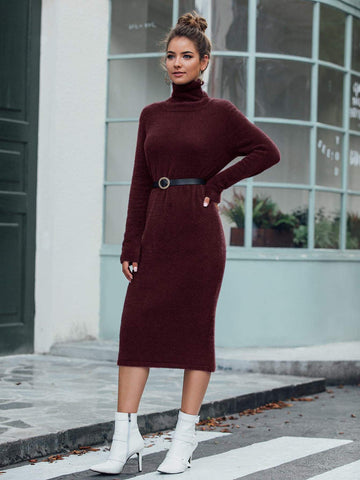 High Neck Solid Jumper Dress Without Belt