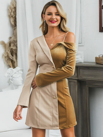 Glamaker Two Tone Asymmetrical Neck Velvet Blazer Dress