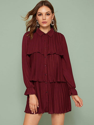 Pleated Flounce Sleeve Shirt Dress