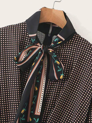 Polka Dot Tie Neck Belted Dress