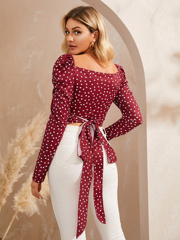 Polka Dot Sweetheart Neck Crop Blouse