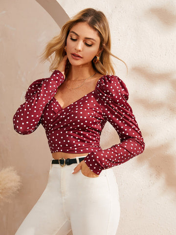 Polka Dot Sweetheart Neck Crop Blouse