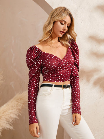 Polka Dot Sweetheart Neck Crop Blouse