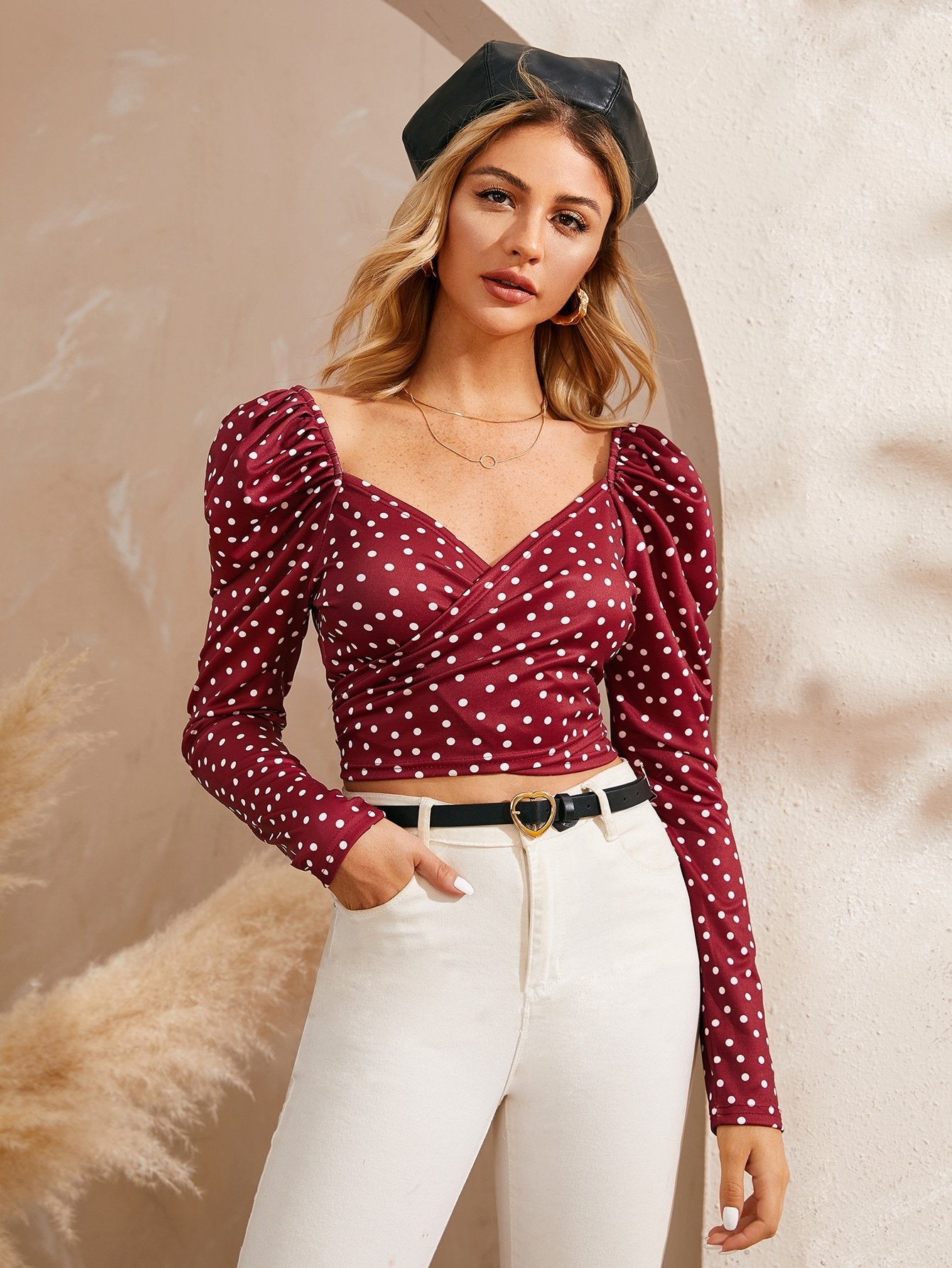 Polka Dot Sweetheart Neck Crop Blouse