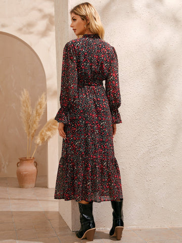 Ditsy Floral Flounce Sleeve Belted Dress