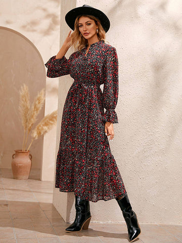 Ditsy Floral Flounce Sleeve Belted Dress