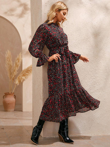 Ditsy Floral Flounce Sleeve Belted Dress