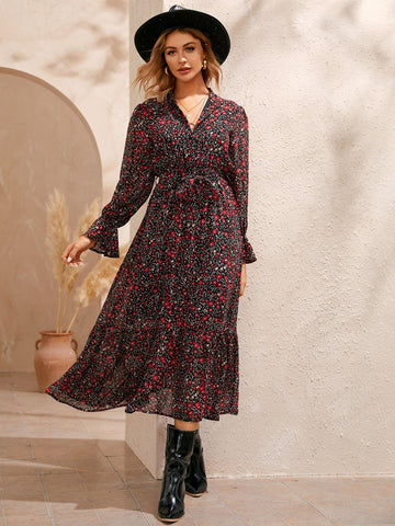 Ditsy Floral Flounce Sleeve Belted Dress