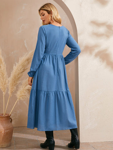 Solid V-Neck Covered Button Through Dress