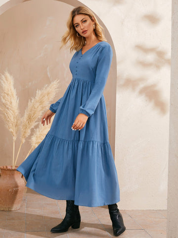 Solid V-Neck Covered Button Through Dress