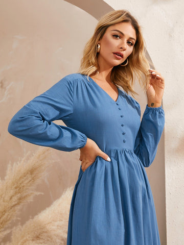 Solid V-Neck Covered Button Through Dress