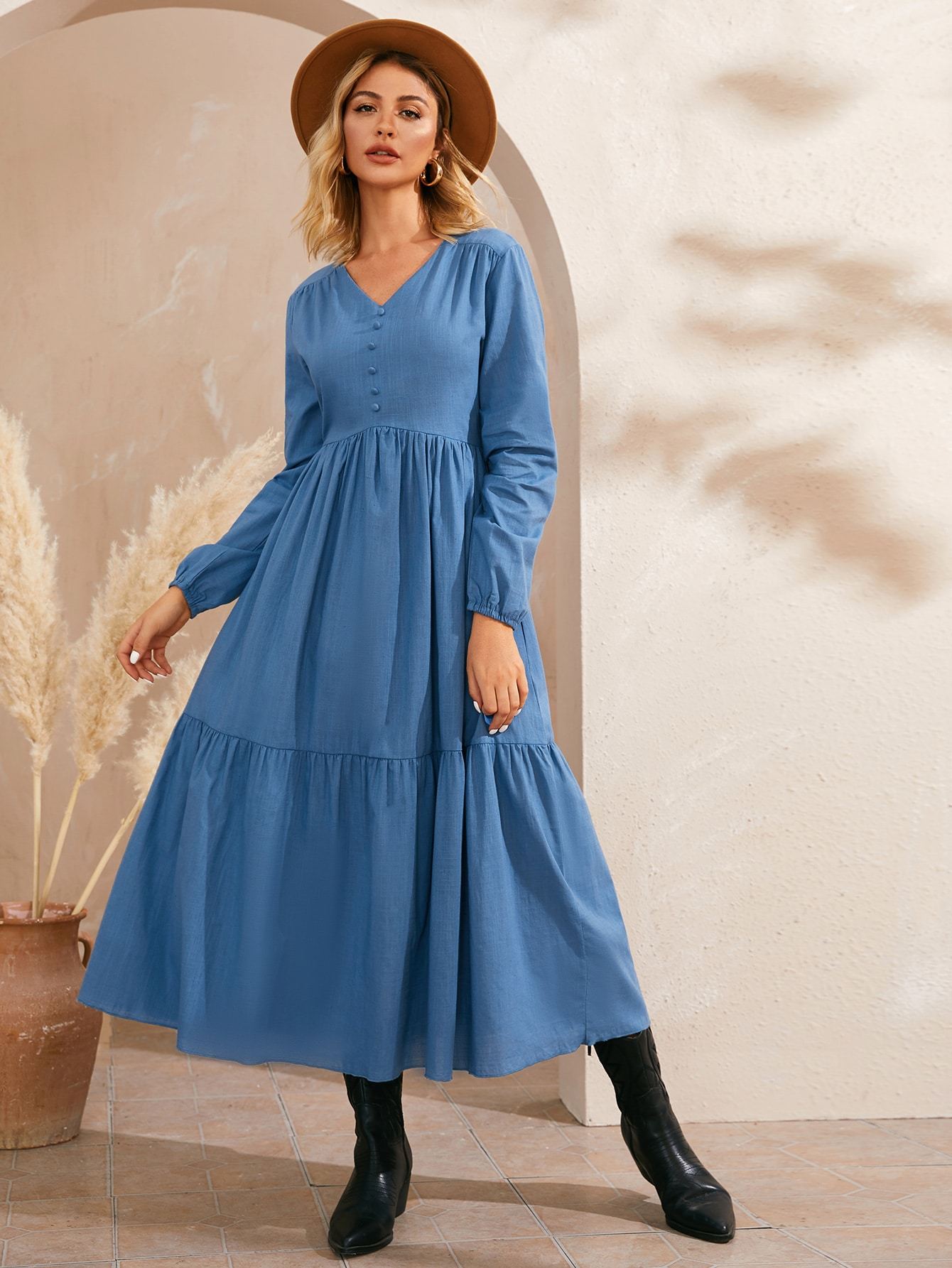 Solid V-Neck Covered Button Through Dress