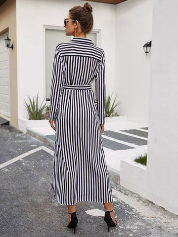 Striped Split Thigh Belted Shirt Dress