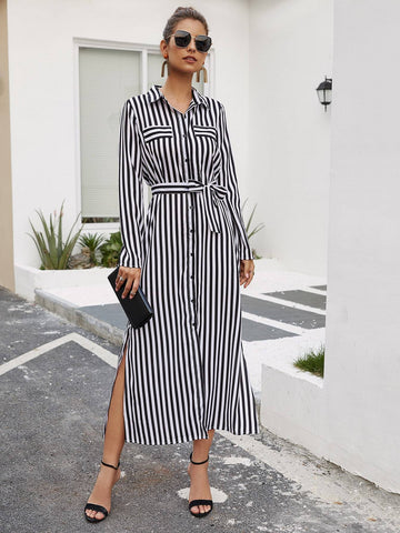 Striped Split Thigh Belted Shirt Dress