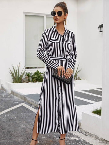 Striped Split Thigh Belted Shirt Dress