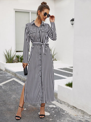 Striped Split Thigh Belted Shirt Dress