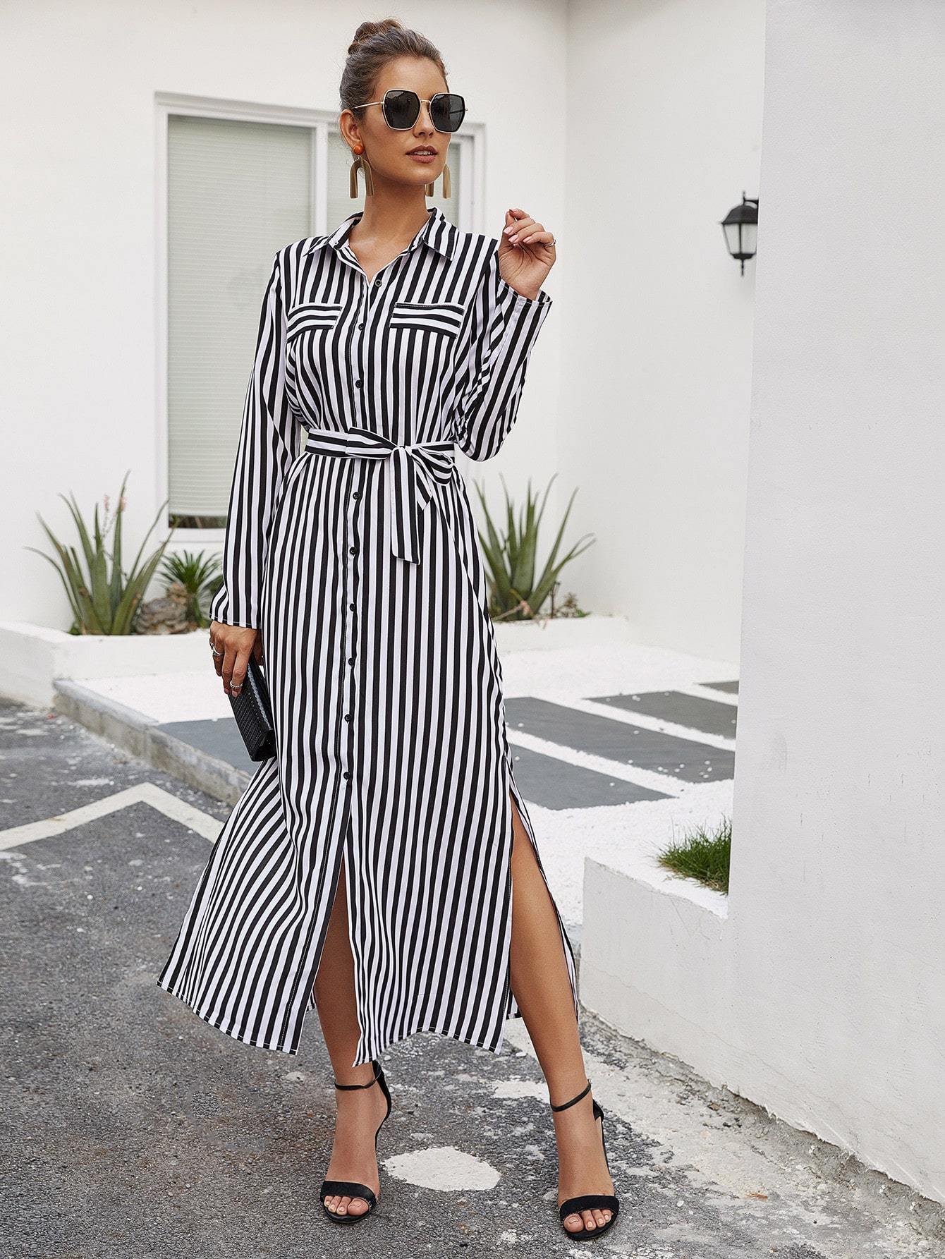 Striped Split Thigh Belted Shirt Dress