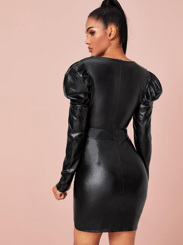 Deep V Neck Gigot Sleeve Wrap Bodycon Dress