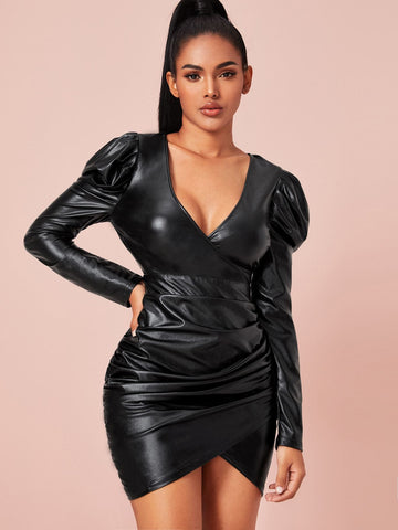 Deep V Neck Gigot Sleeve Wrap Bodycon Dress