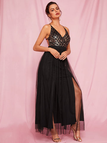 Criss-cross Backless Sequin Cami Tulle Dress