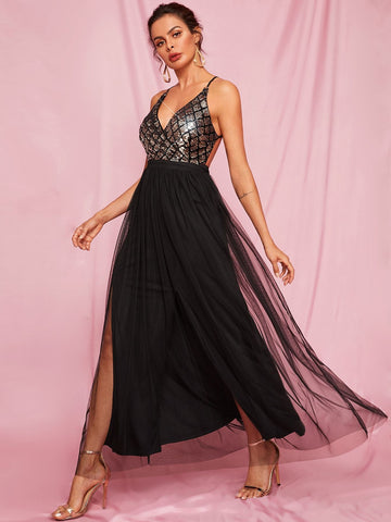 Criss-cross Backless Sequin Cami Tulle Dress