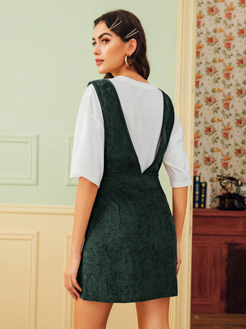 Pocket Front Corduroy Suspender Dress