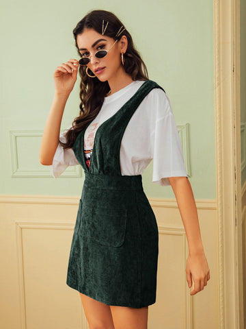 Pocket Front Corduroy Suspender Dress