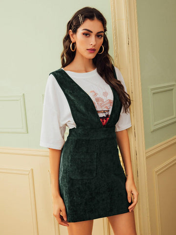 Pocket Front Corduroy Suspender Dress