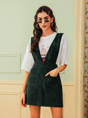 Pocket Front Corduroy Suspender Dress