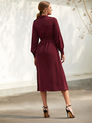 Solid Pockets Front Elastic Waist Shirt Dress