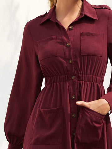 Solid Pockets Front Elastic Waist Shirt Dress