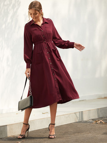 Solid Pockets Front Elastic Waist Shirt Dress