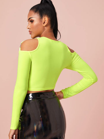 Neon Lime Cold Shoulder Ring Detail Crop Top